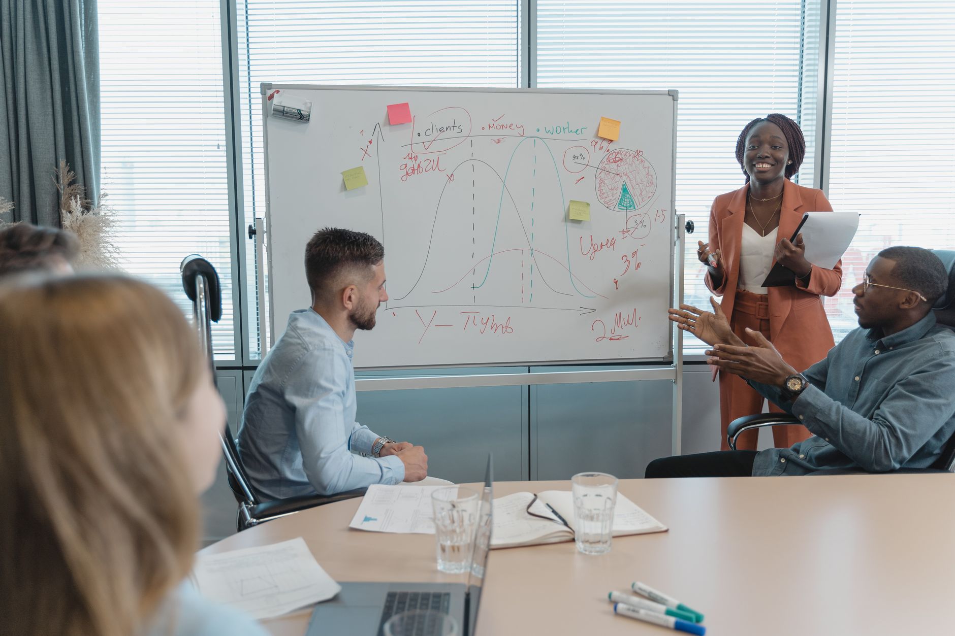 Multicultural team discussing strategies in a conference room with a whiteboard presentation — UPI Study