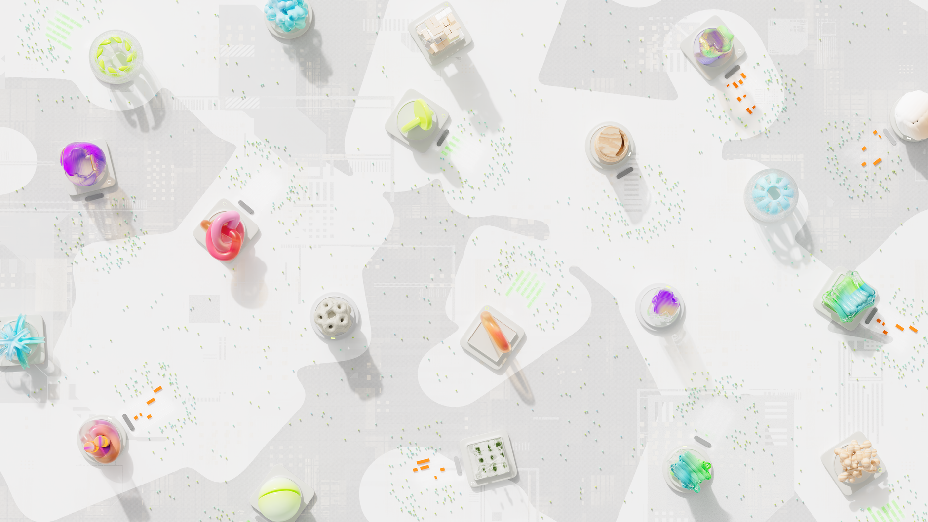 A vibrant 3D render of geometric shapes scattered over a circuit-like background — UPI Study