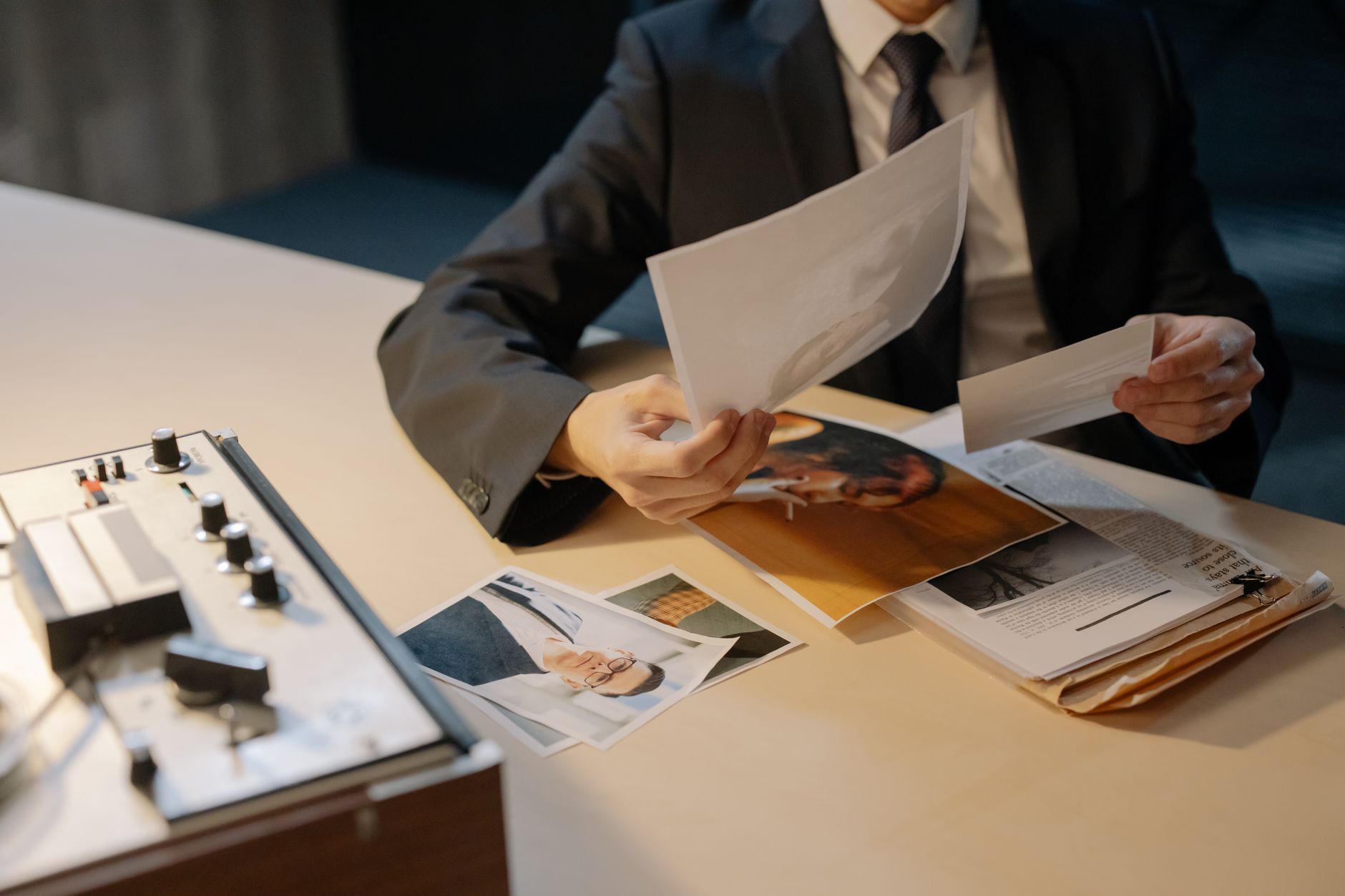 Close-up of a detective in a suit analyzing photographic evidence at a desk, suggesting investigation or inquiry — UPI Study