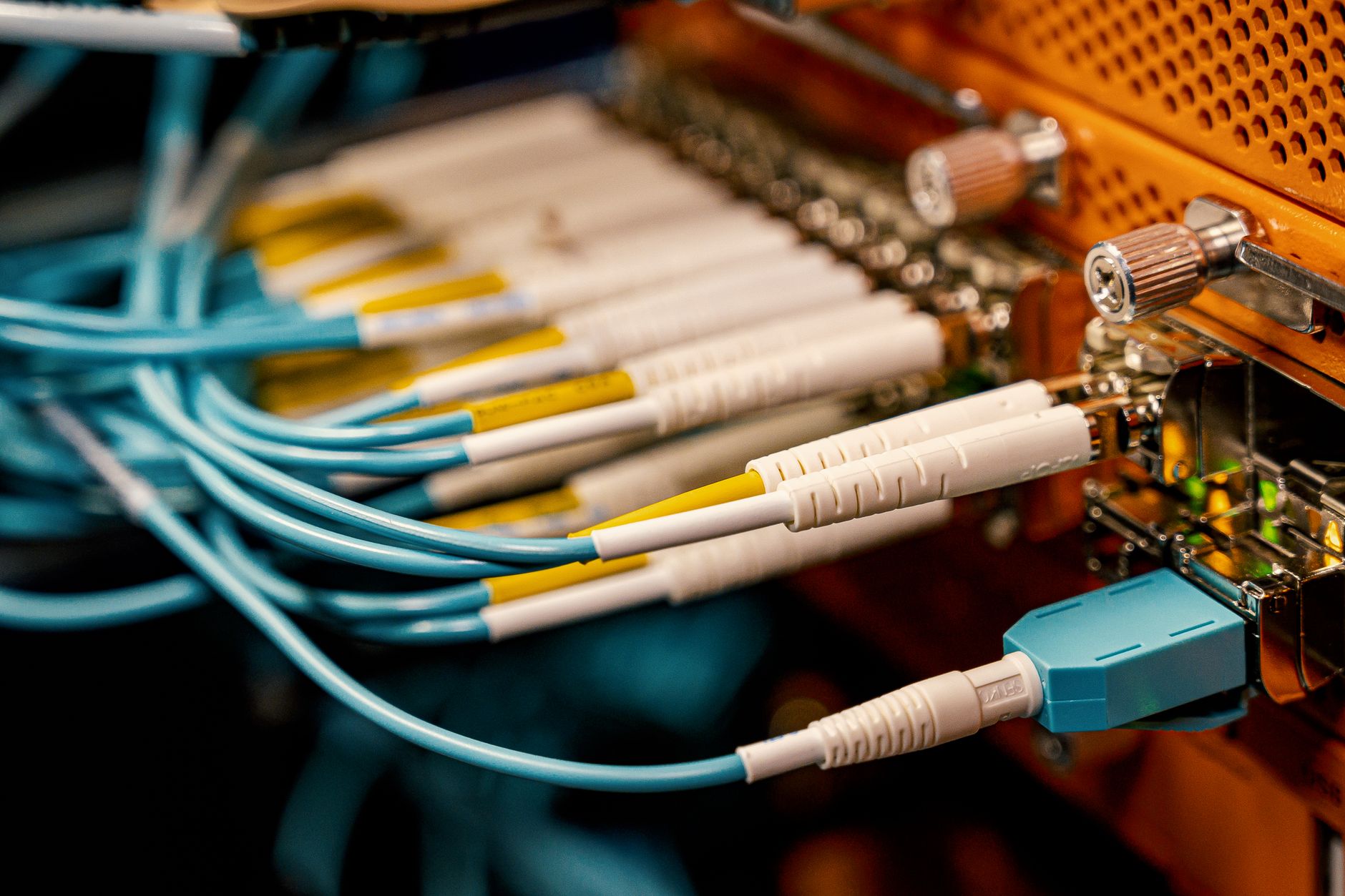 From above of optical switch equipment with many similar connectors with rubber cables and metal parts — UPI Study