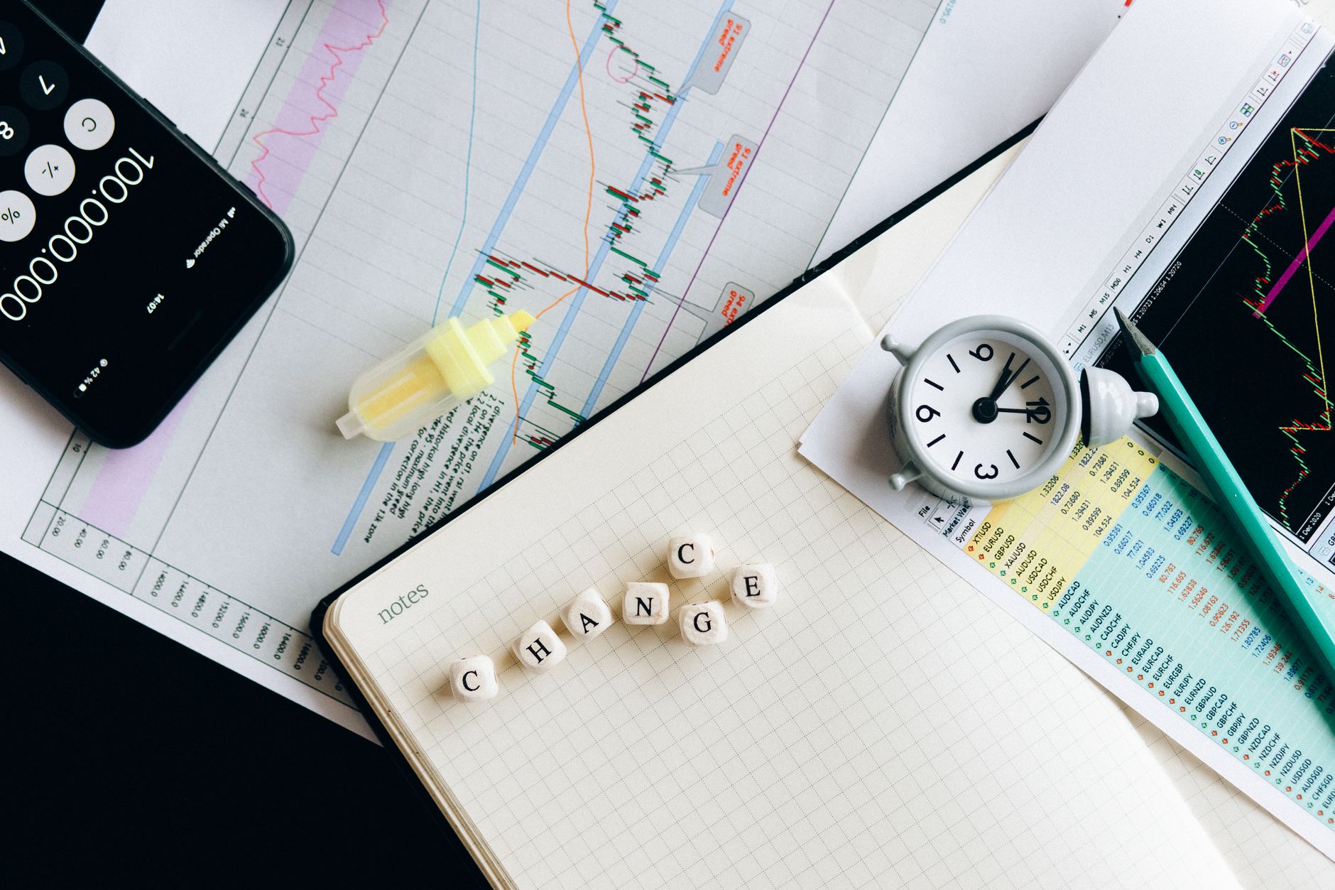 Top view of financial documents with charts, calculator, clock, and the word 'Change' in focus — UPI Study