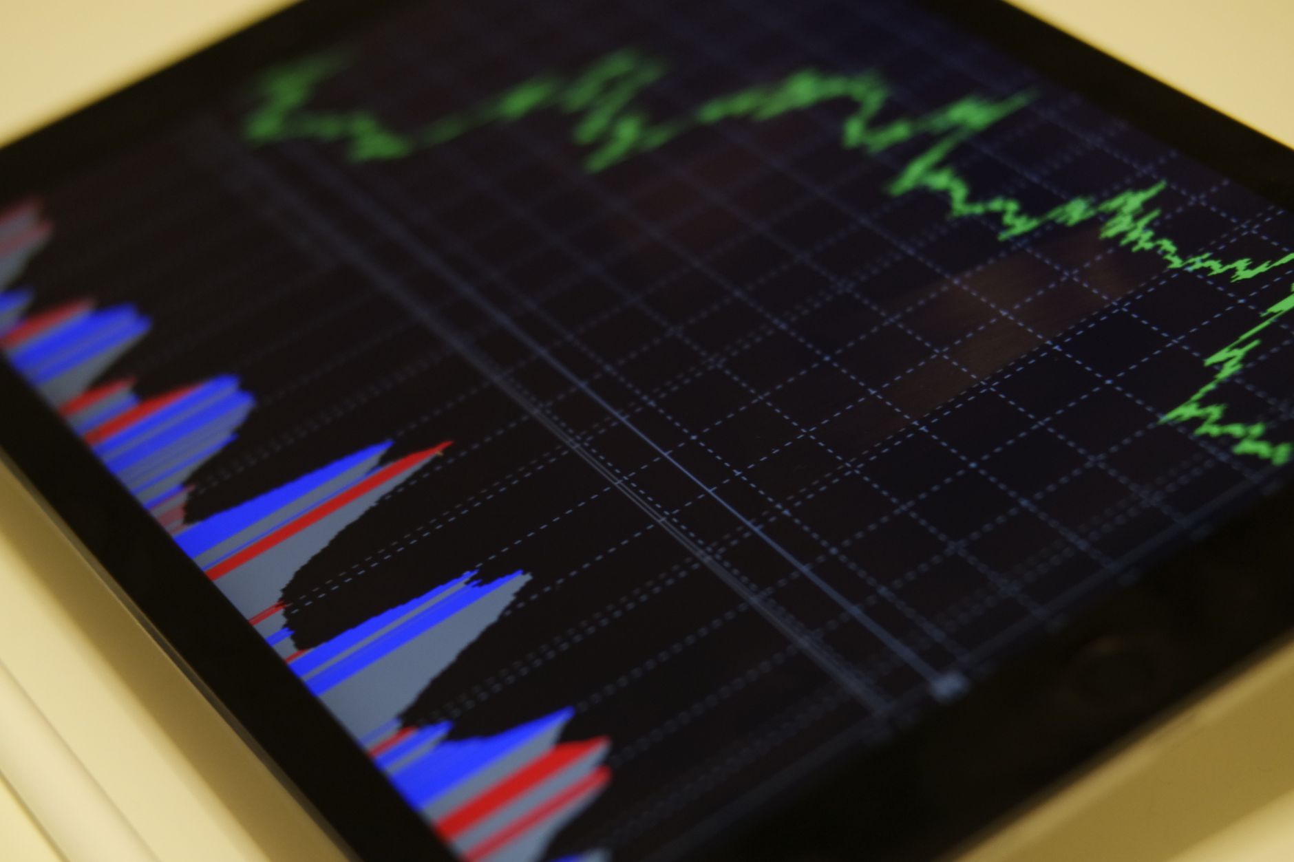 Close-up of a tablet displaying stock market analysis with colorful graphs — UPI Study