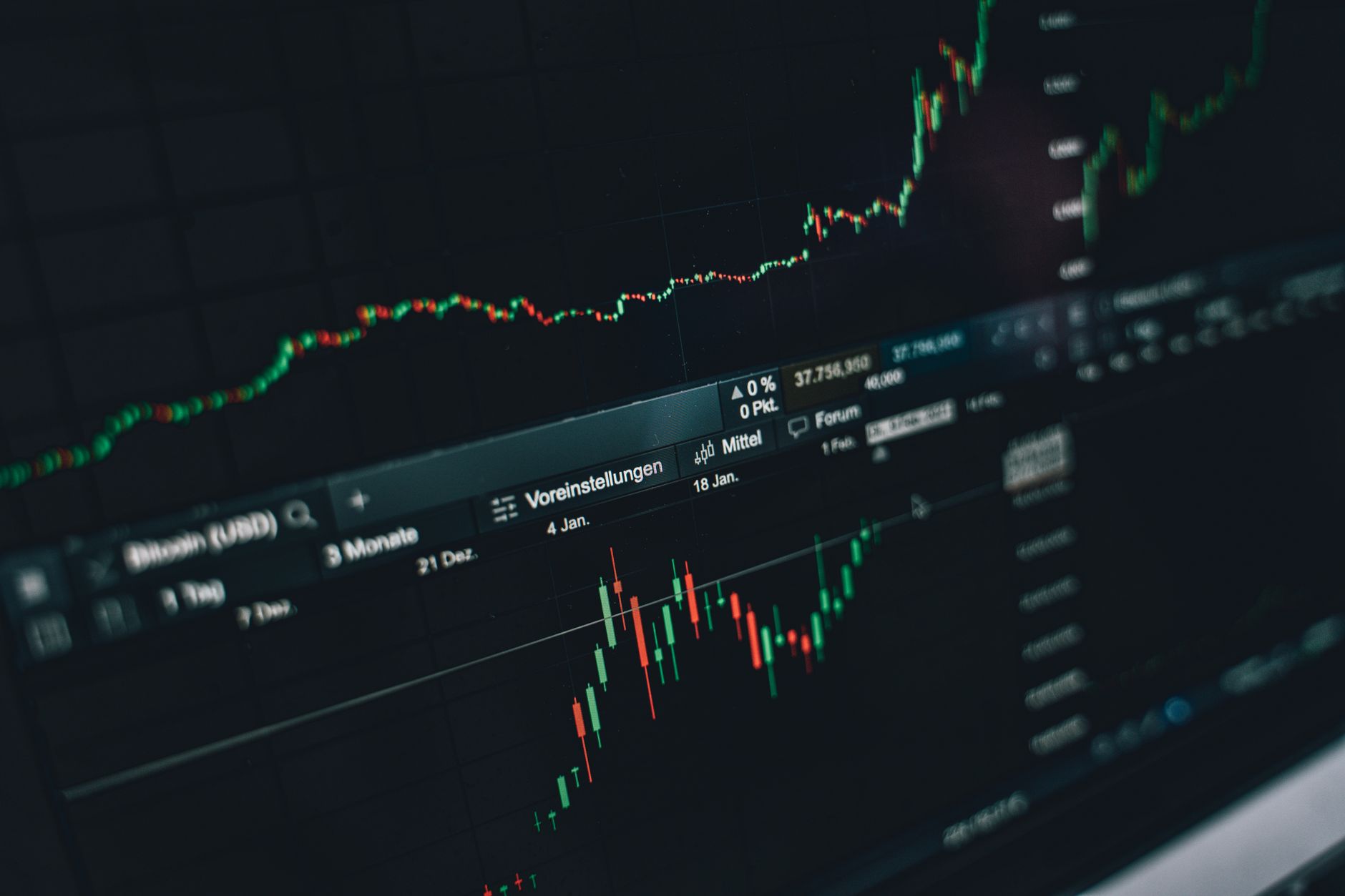 Close-up of a digital market analysis display showing Bitcoin and cryptocurrency price trends — UPI Study