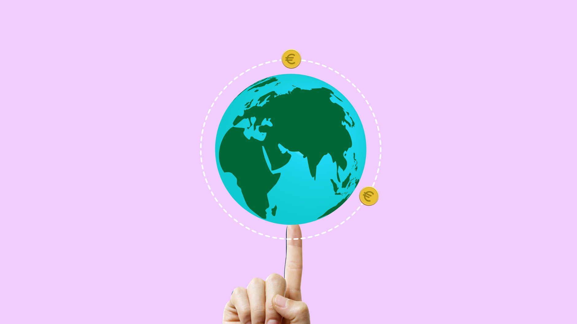 Hand balancing Earth with Euro symbols, illustrating global economy — UPI Study
