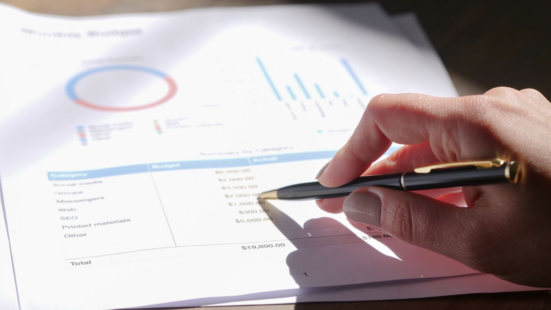 Hand holding pen, analyzing budget with charts and graph paper — UPI Study