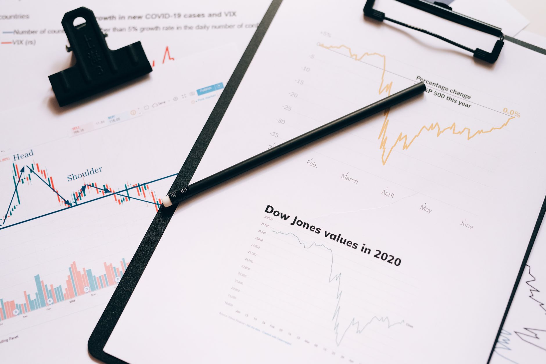 Clipboard with stock market charts and graphs representing financial data analysis — UPI Study