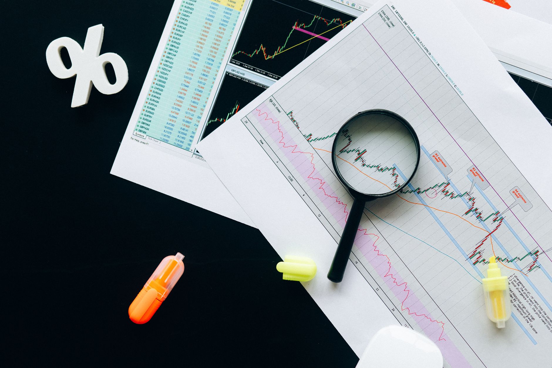 High-angle view of financial charts, showcasing stock market analysis with magnifying glass and highlighters — UPI Study