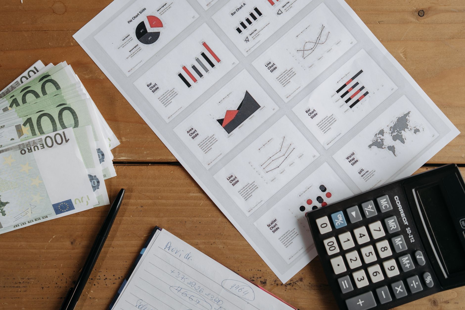 Euro banknotes, graphs, and calculator on a wooden table setup for financial analysis — UPI Study