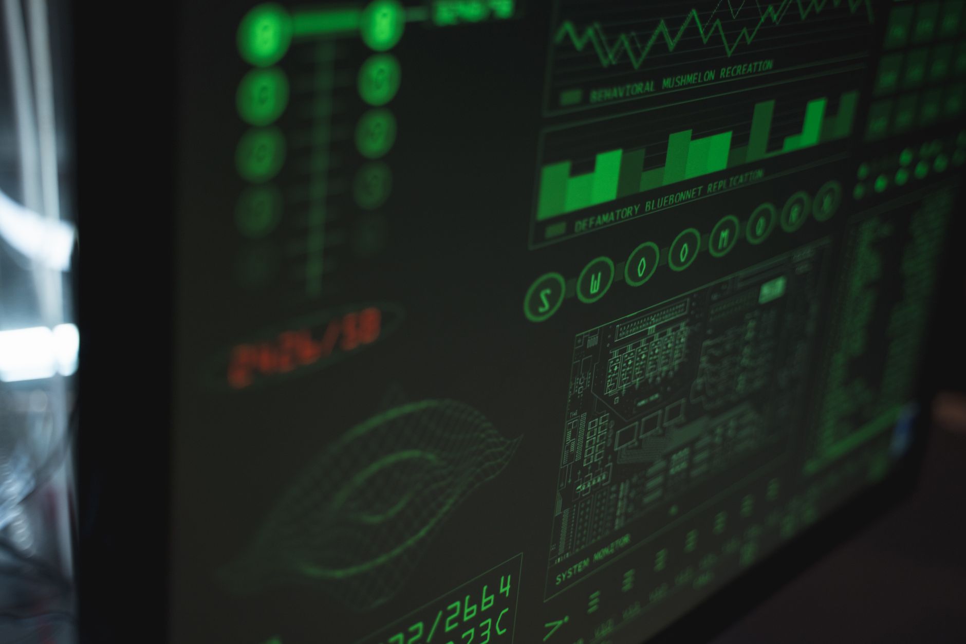 Close-up view of a computer displaying cybersecurity and data protection interfaces in green tones — UPI Study