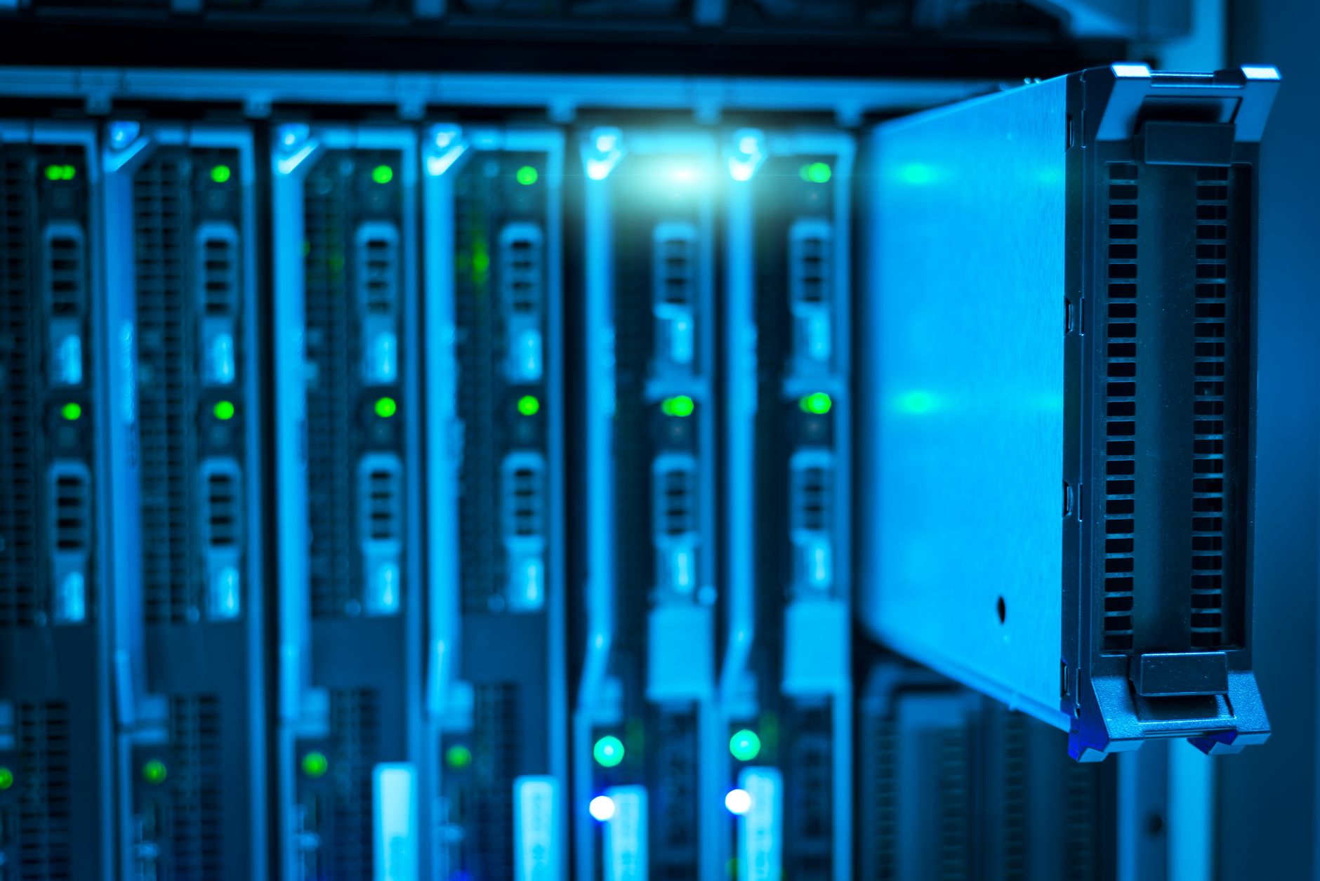 Detailed view of a server rack with a focus on technology and data storage — UPI Study