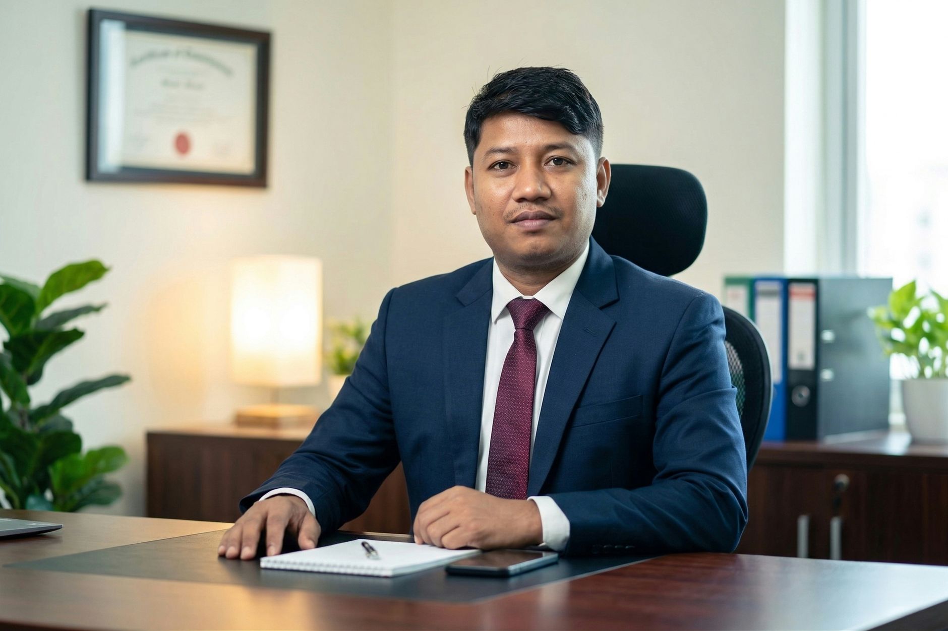 Businessman in a suit sitting at a desk, exuding professionalism and confidence — UPI Study
