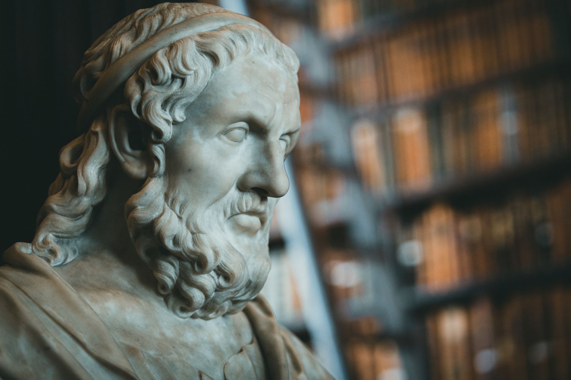 Close-up of a classical marble statue with blurred bookcases in the background — UPI Study