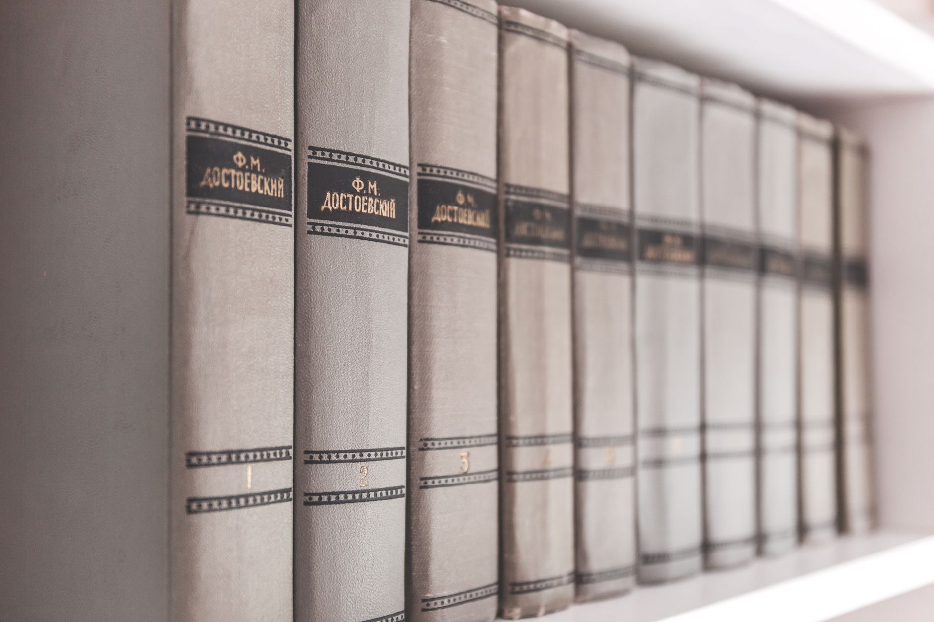 Row of Dostoevsky books neatly arranged on a bookshelf highlighting classic literature — UPI Study