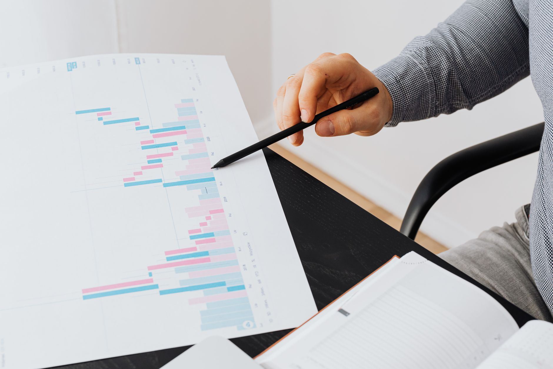 Close-up of a person analyzing a colorful graph chart with a pen in a modern office setting — UPI Study