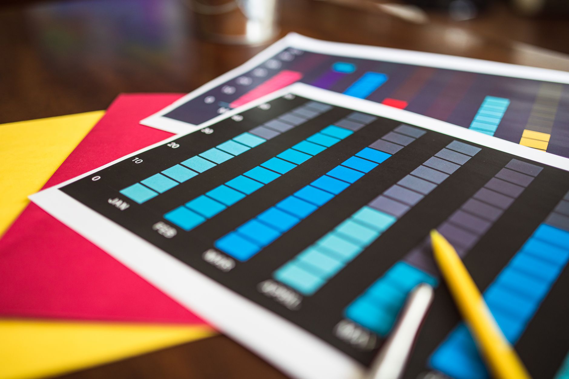 Close-up of colorful financial charts and a pencil on a wooden desk — UPI Study