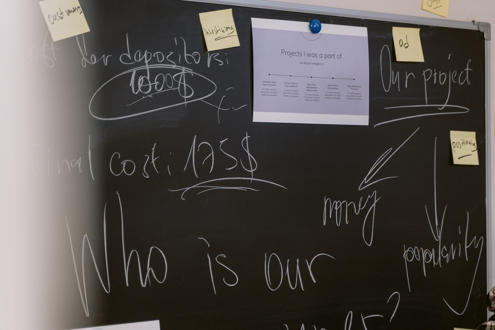 Creative business presentation captured on a blackboard, showcasing project notes, financial plans, and strategic ideas — UPI Study