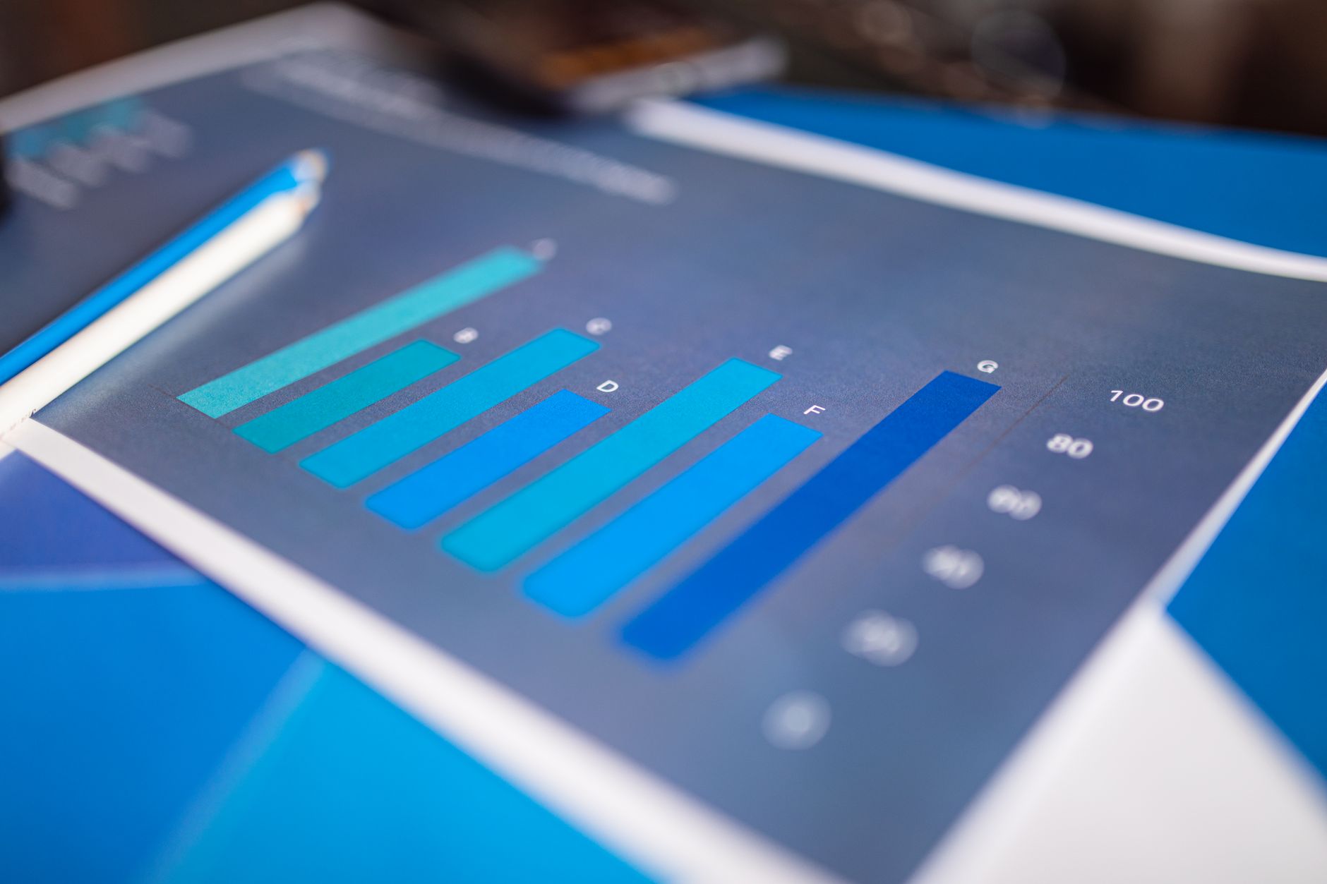 Detailed close-up of a blue bar graph showing data analysis on printed paper — UPI Study