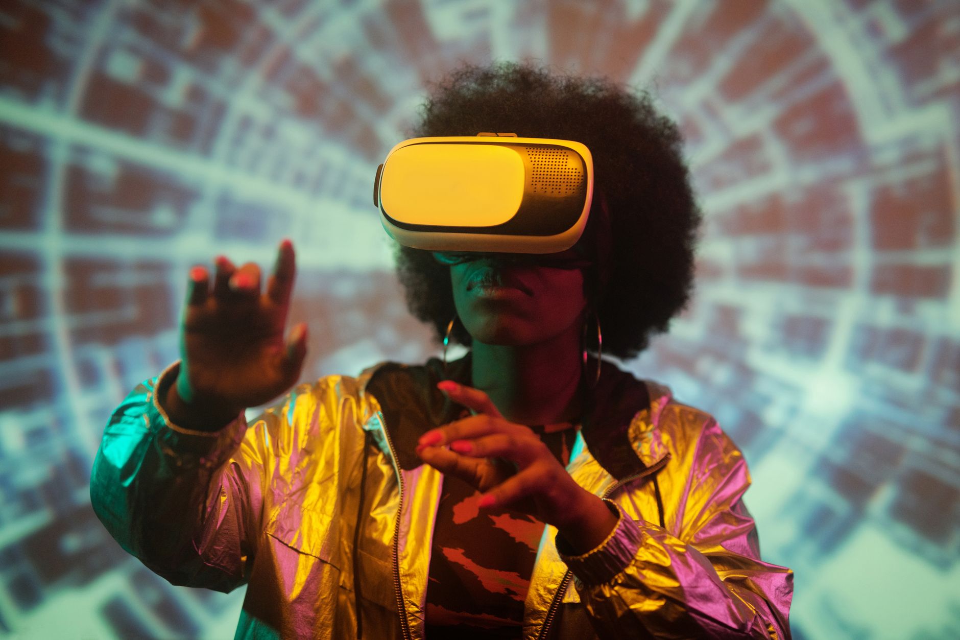 Black woman exploring virtual reality with headset and futuristic backdrop — UPI Study