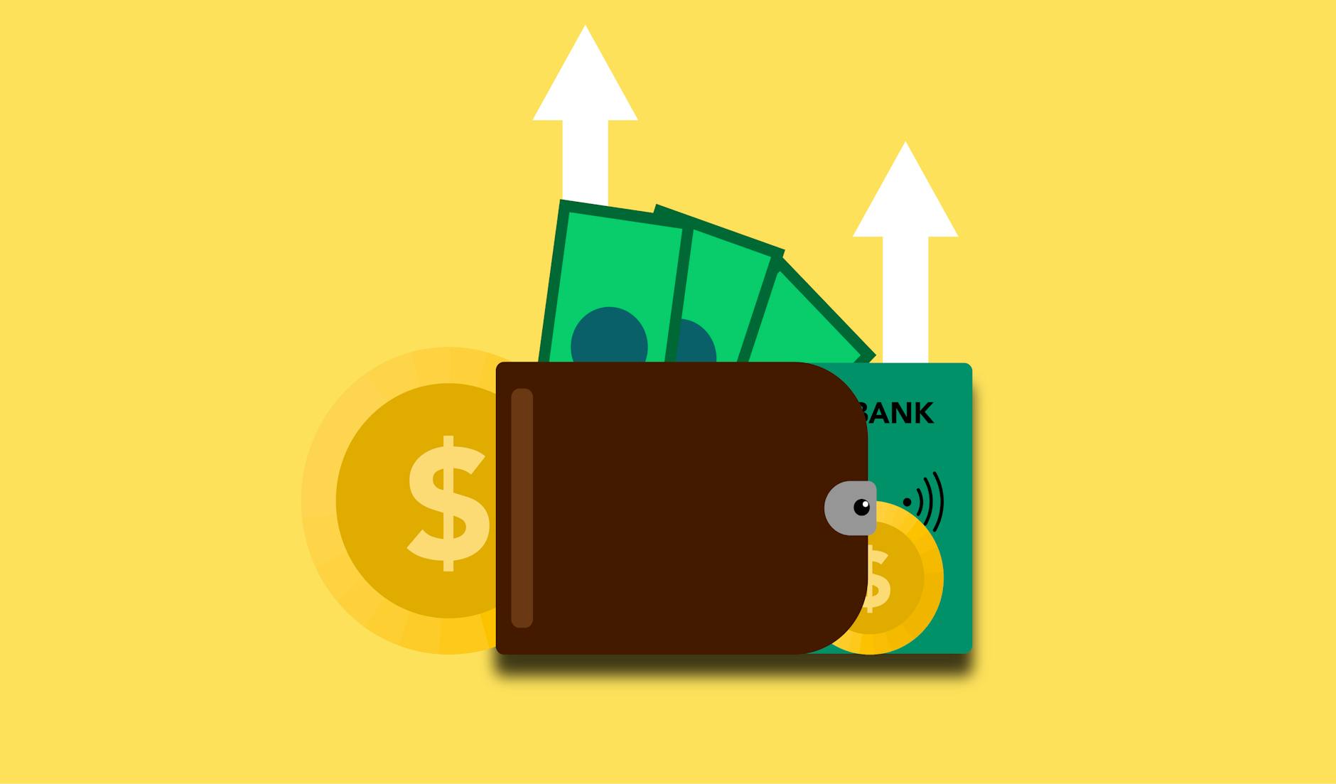 Illustration of wallet with money banknotes coins and bank card in wallet with arrows up showing income growth on yellow background — UPI Study